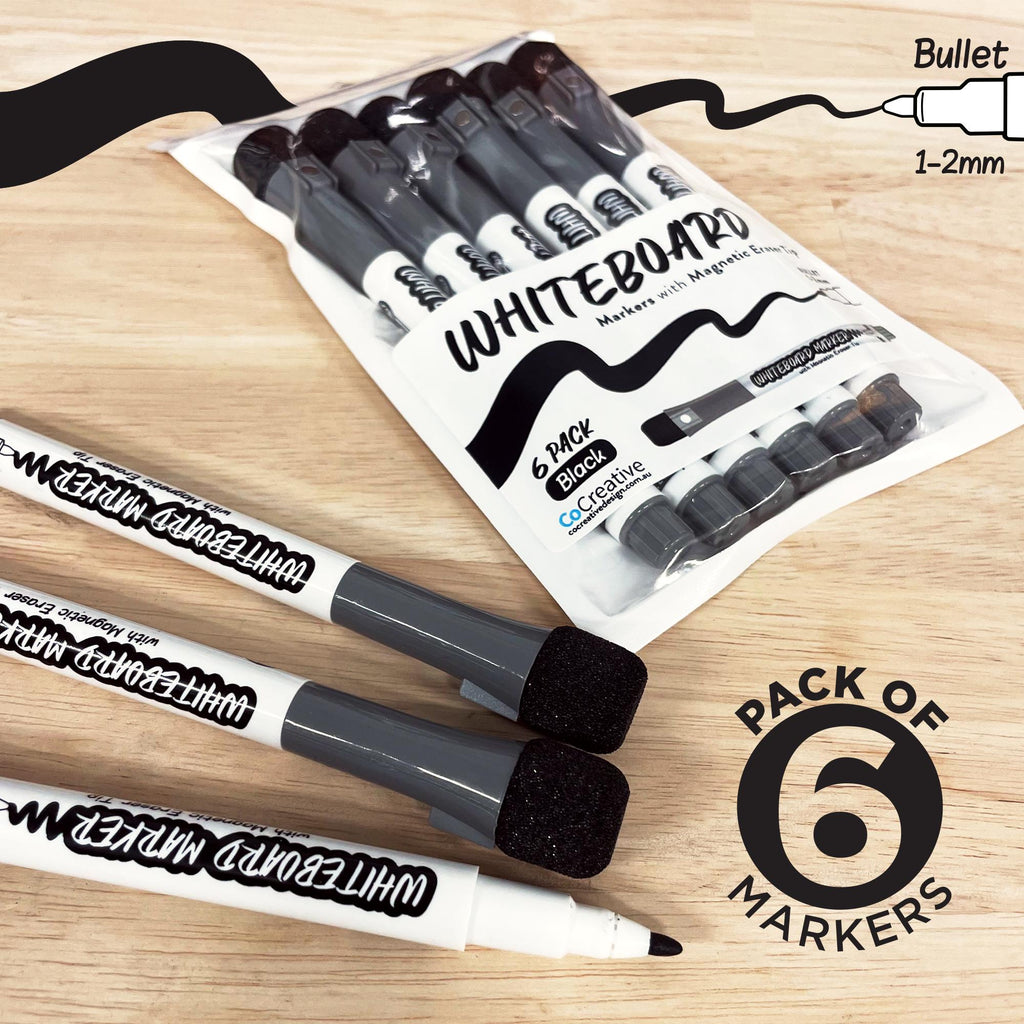 6 Pack BLACK Whiteboard Markers - BULLET Point Tip 1-2mm Whiteboard Pen with Magnetic Eraser Tip - Dry-Erase Whiteboard Marker
