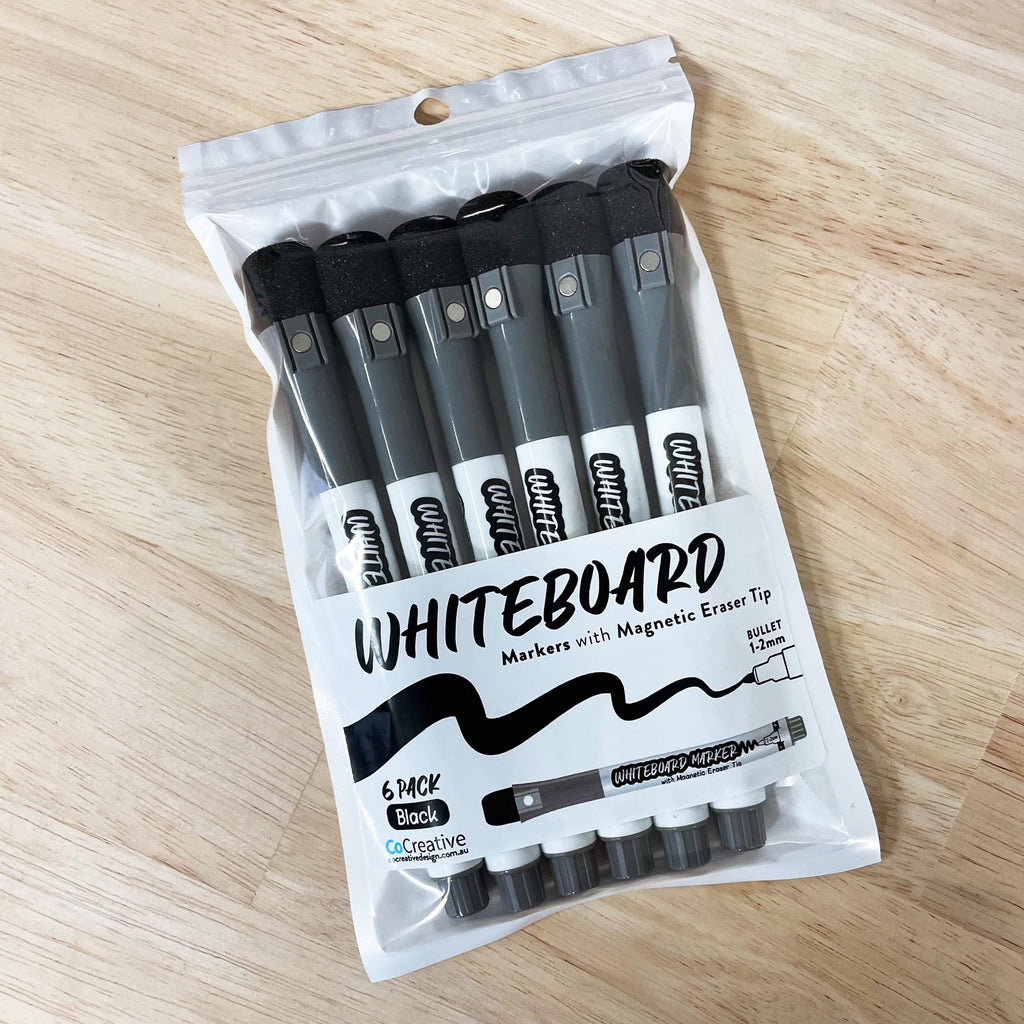 Pack of 6 black whiteboard markers in a resealable packaging. Whiteboard markers with magnetic eraser tip. 