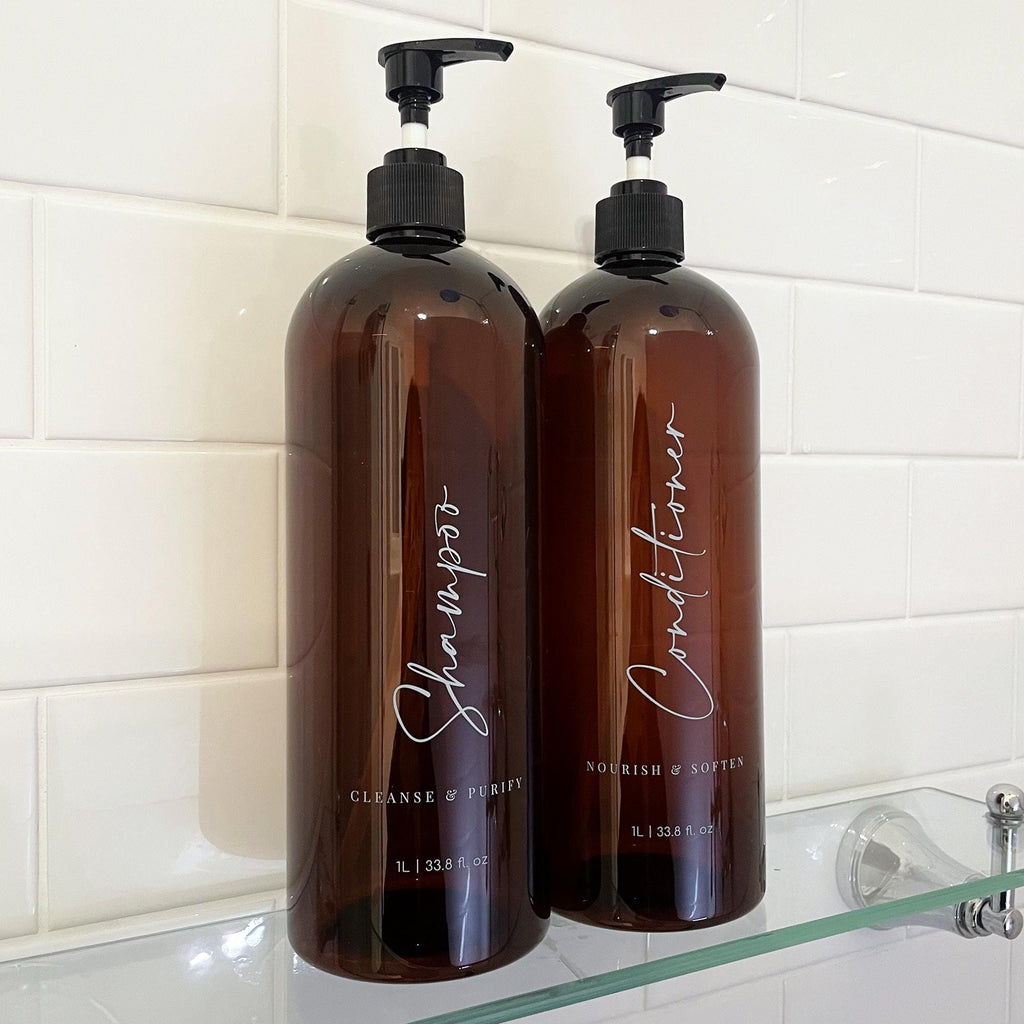 2 piece 1 litre elegant bathroom pump bottles. Custom refillable bathroom bottles for shampoo and conditioner. 
