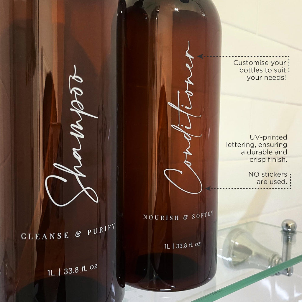 Custom elegant brown bathroom pump bottles. UV printed lettering. Durable and long-lasting.