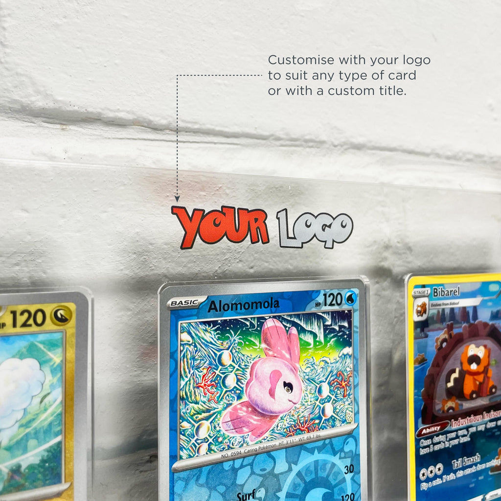 Custom Trading Card Display Frame with personalised logo and text. Show off your Pokemon cards in style.