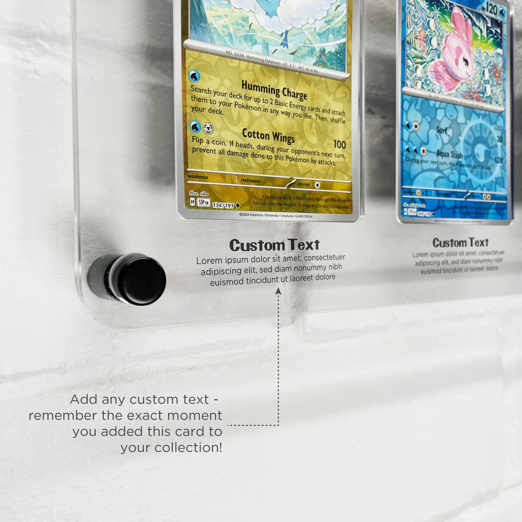 Trading card display wall mount with custom printed text to personalise your display. Show off your Pokemon cards in style!