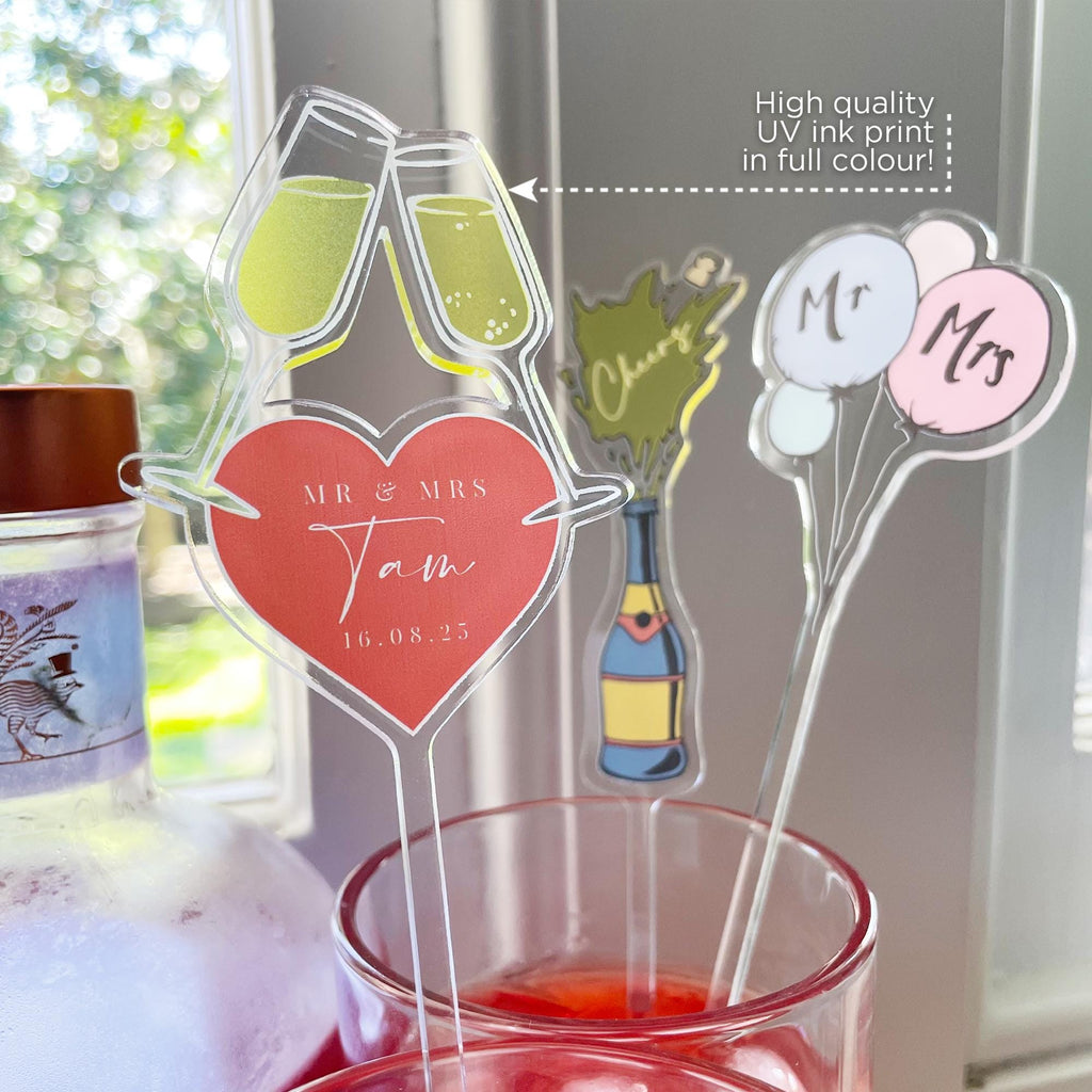 Personalised cocktail stirrers and drink swizzle sticks for events. Custom name and text drink stirrers. Perfect for birthdays, weddings, and Hens parties.