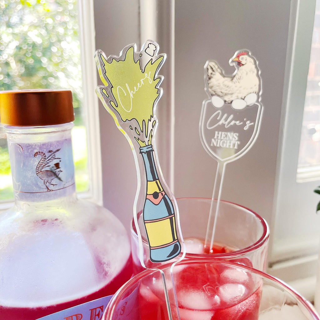 Personalised cocktail stirrers and drink swizzle sticks for events. Custom name and text drink stirrers. Perfect for birthdays, weddings, and Hens parties.