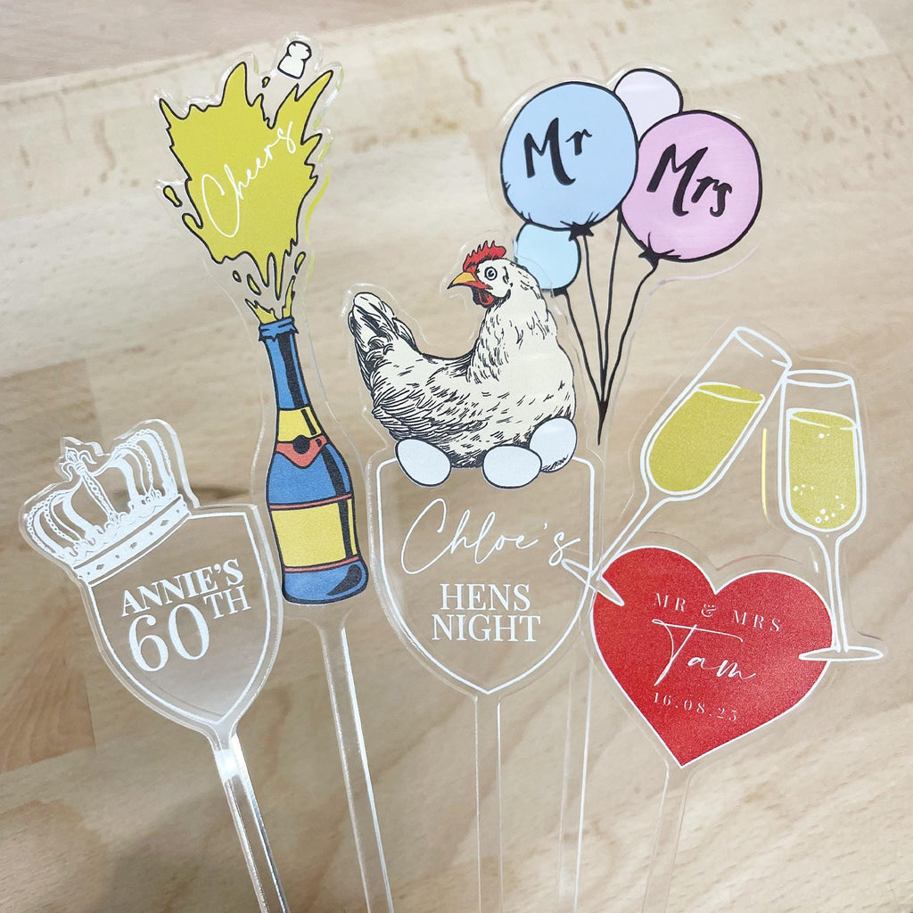 Custom Acrylic Cocktail Stirrers for Weddings, Hens Party, Birthdays | Personalised Design Cocktail Swizzle Sticks | Custom Drink Stirrers