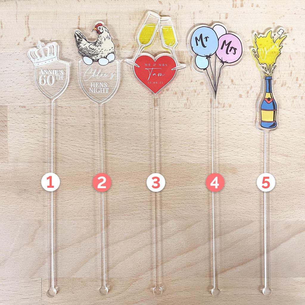 Custom Acrylic Cocktail Stirrers for Weddings, Hens Party, Birthdays | Personalised Design Cocktail Swizzle Sticks | Custom Drink Stirrers