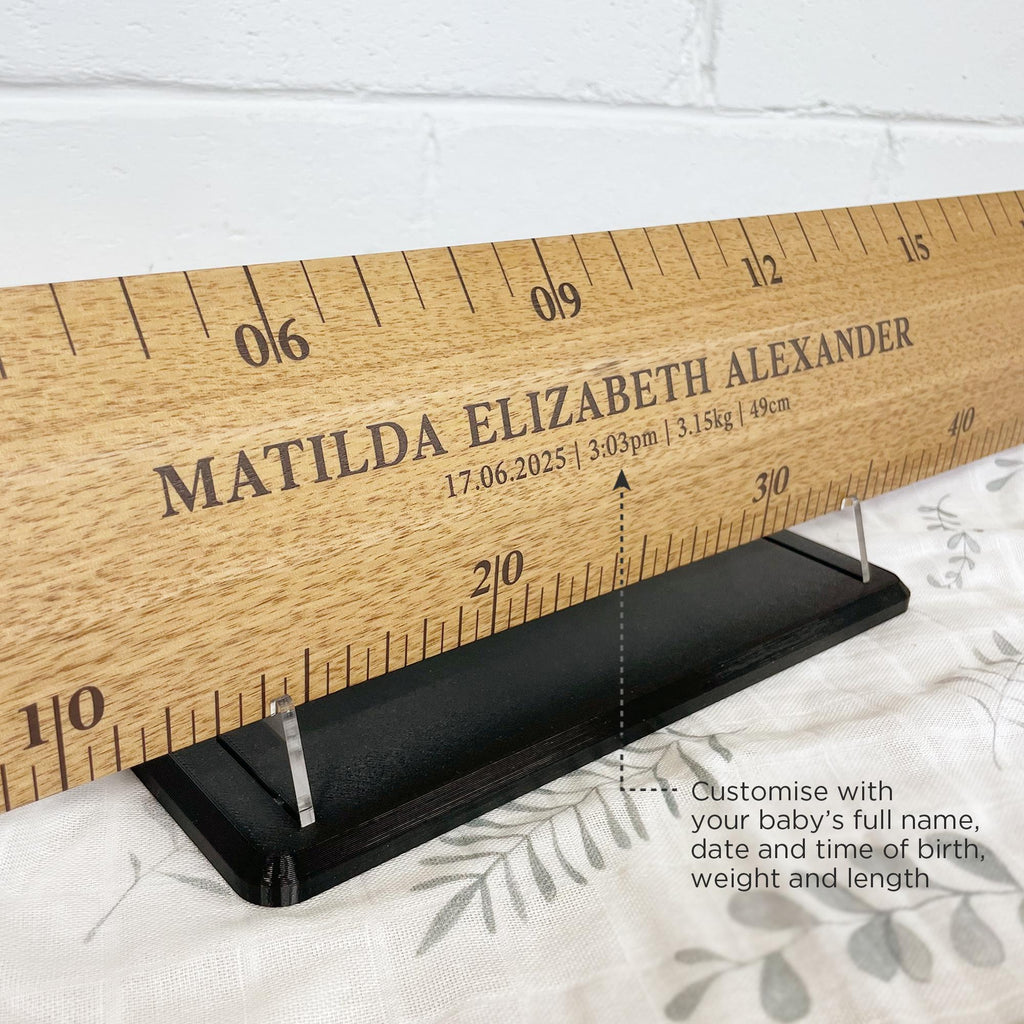 Custom baby announcement. Classic baby length ruler photo prop. Personalise with baby's full name, date and time of birth, weight and length.
