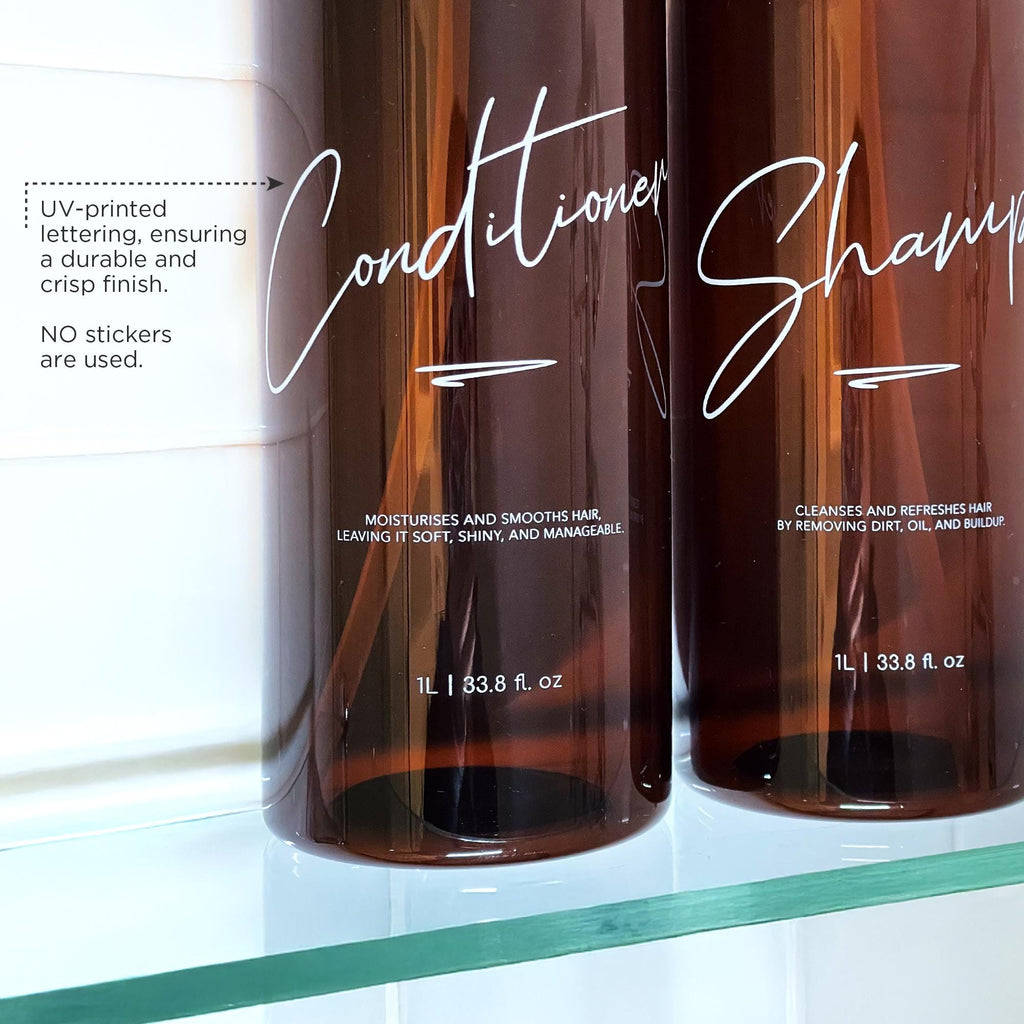 High quality custom UV printed bathroom bottles. Customise for your bathroom and household. 