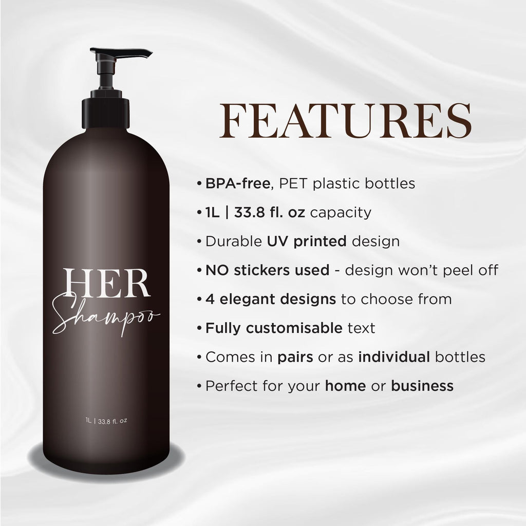 2 Piece 1 LITRE AMBER Bathroom Bottle Set DESIGN 1 - Shampoo & Conditioner - Custom 1L Pump Bottles - Personalised Refillable Pump Bottles