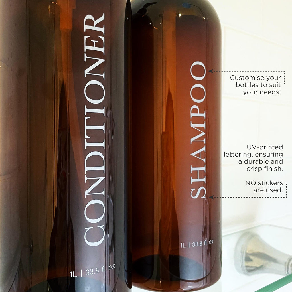 2 Piece 1 LITRE AMBER Bathroom Bottle Set DESIGN 2 - Shampoo & Conditioner - Custom 1L Pump Bottles - Personalised Refillable Pump Bottles