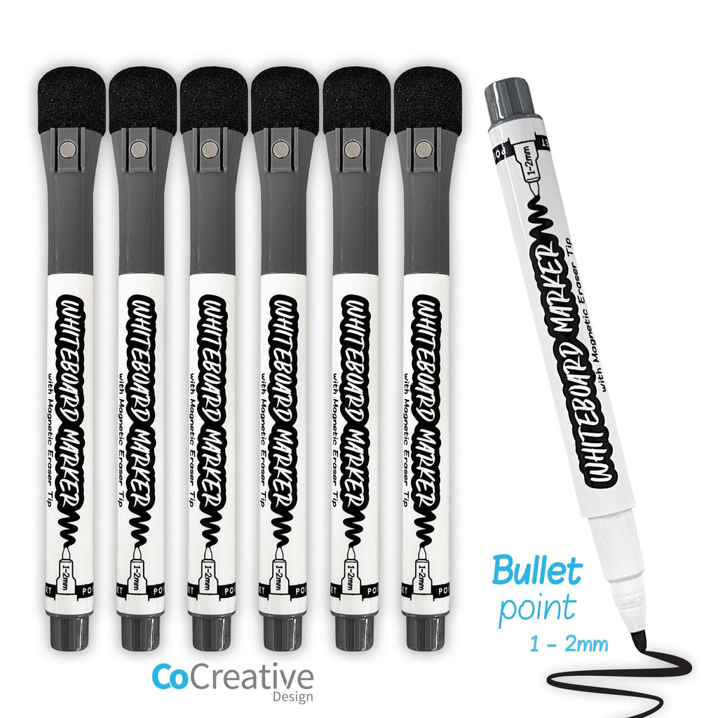 6 Pack BLACK Whiteboard Markers - BULLET Point Tip 1-2mm Whiteboard Pen with Magnetic Eraser Tip - Dry-Erase Whiteboard Marker