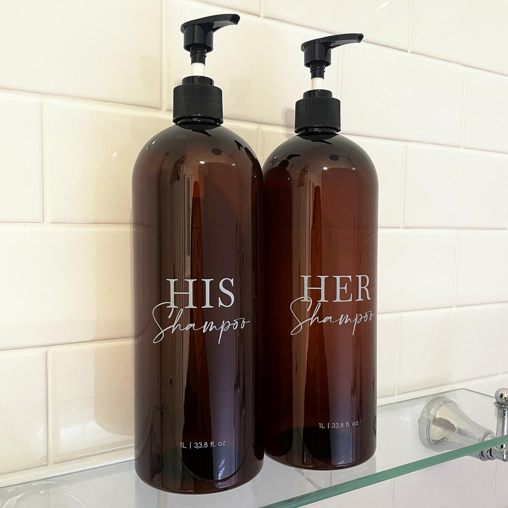 2 Piece His and Hers 1 litre bathroom pump bottles. Refillable and customisable bathroom bottles. Housewarming gift and bathroom renovation inspiration.