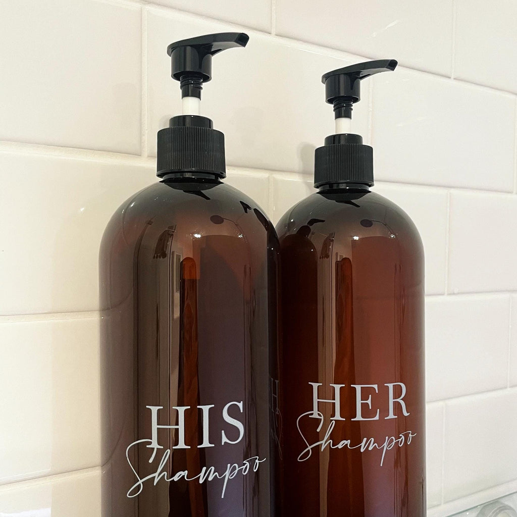 Custom 2 piece brown bathroom bottles reading "His and Her Shampoo". Refillable pump bottles for bathroom.
