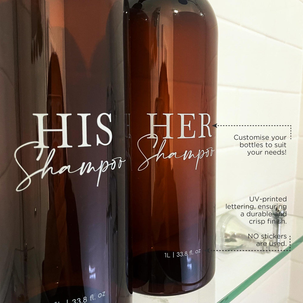 2 Piece 1 LITRE AMBER Bathroom Bottle Set DESIGN 4 - His and Her Shampoo & Conditioner - 1L Pump Bottles - Custom His and Her Bottles
