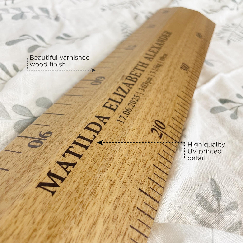 High quality UV printed wooden ruler in classic design. Varnished wood finish. Display your newborn baby's birth details and remember them for years to come.