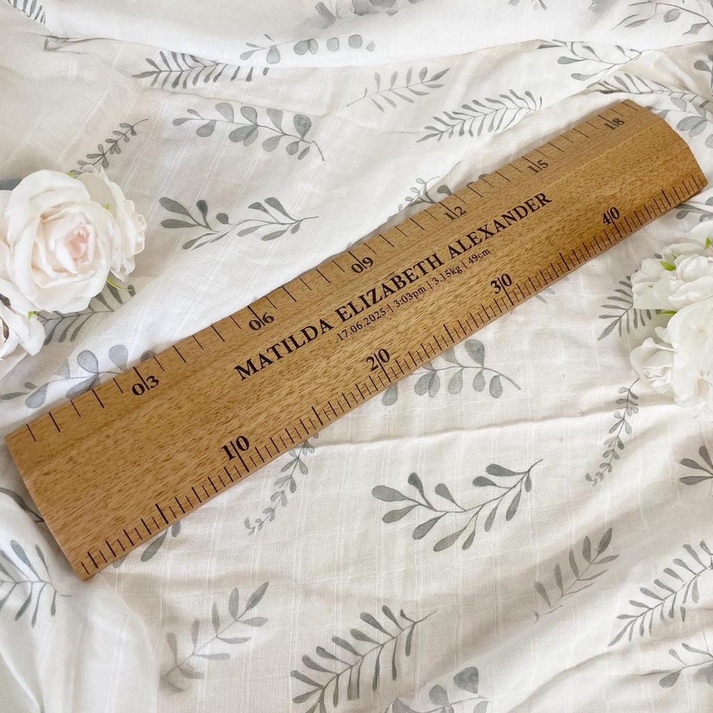 Premium personalised baby ruler announcement with custom baby name and birth details. Custom length baby ruler to match your newborn baby's length. 