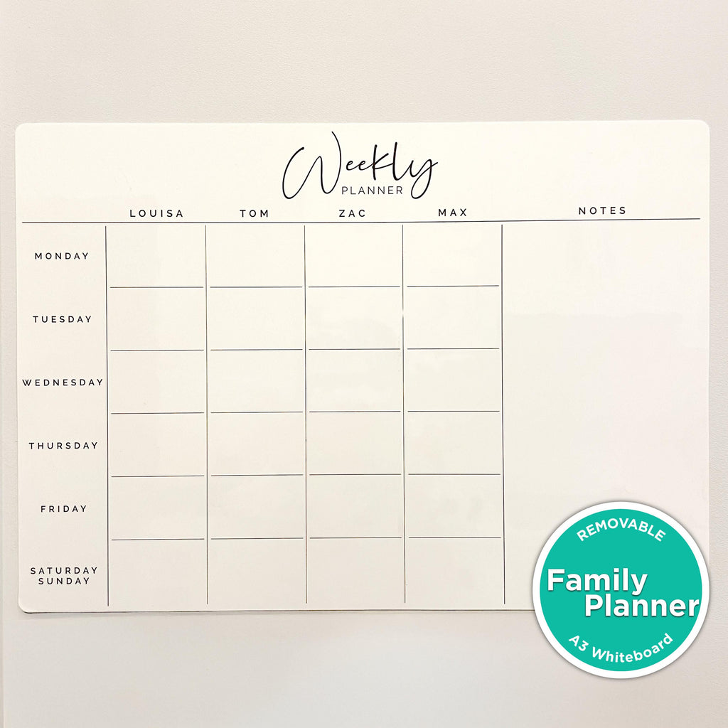 Custom Family A3 Landscape REMOVABLE Planner - Removable Adhesive Weekly Organiser for the Whole Family - Custom Family Name Columns