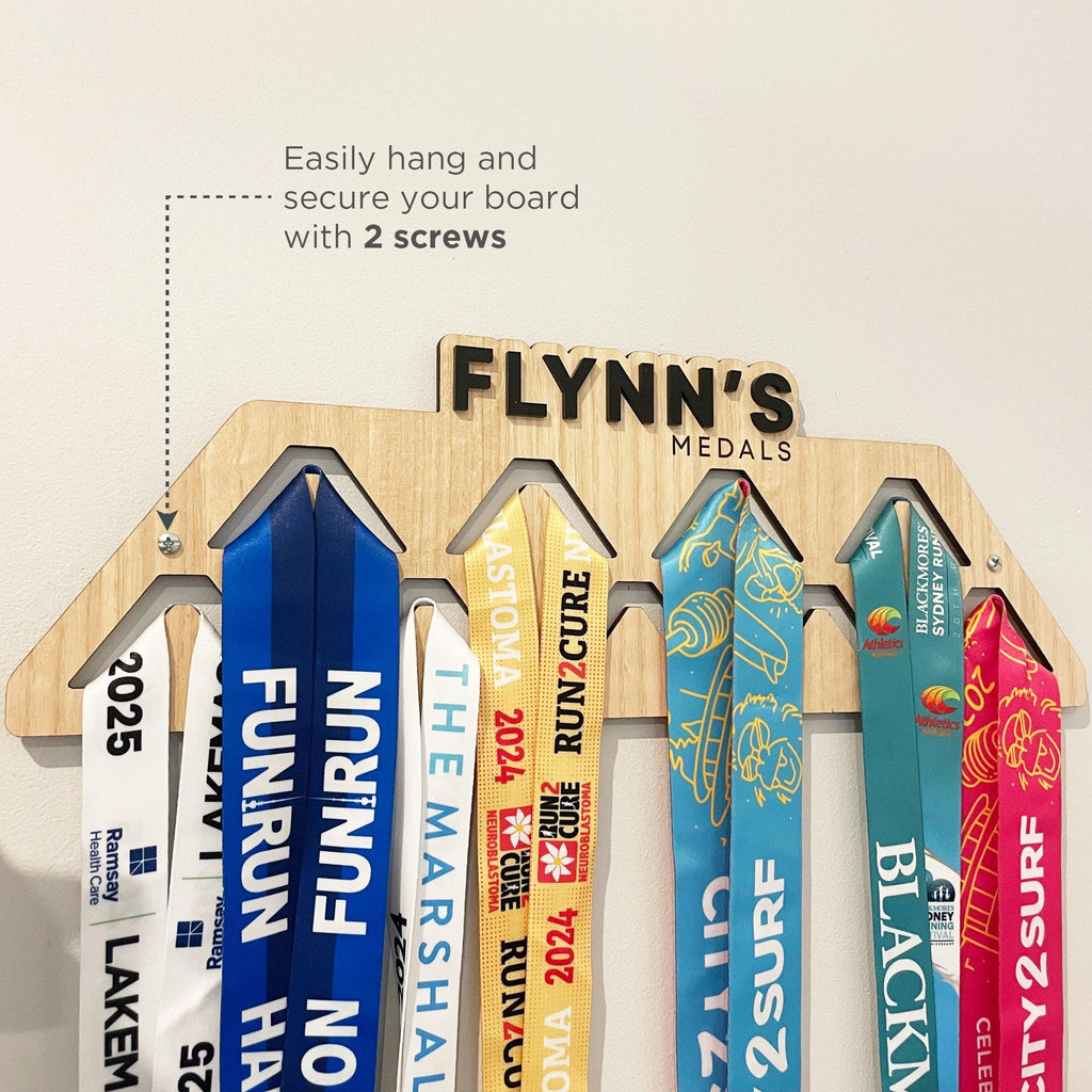 Custom sporting medal display. Personalised name sports medal display hanger, wall-mounted. Display up to 45 medals on the wall hooks.