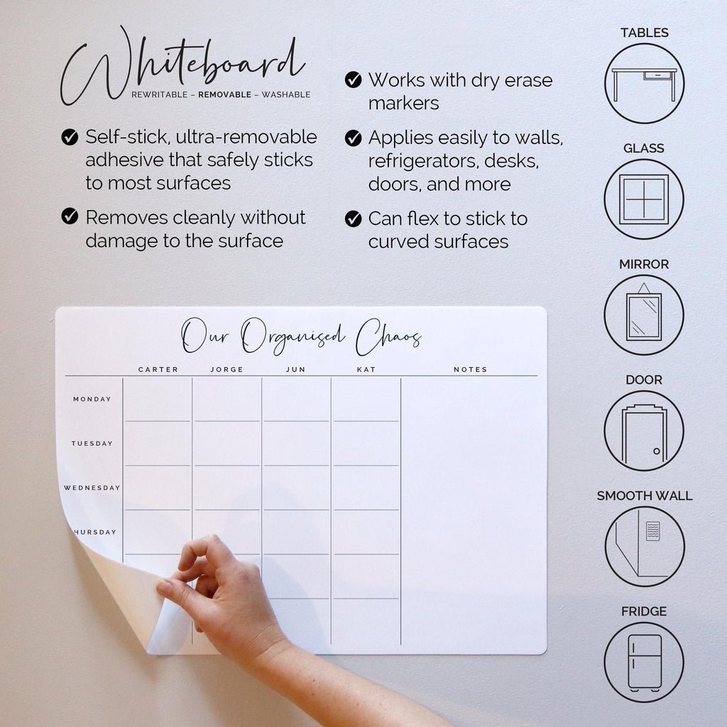 Custom Family A3 Landscape REMOVABLE Planner - Removable Adhesive Weekly Organiser for the Whole Family - Custom Family Name Columns