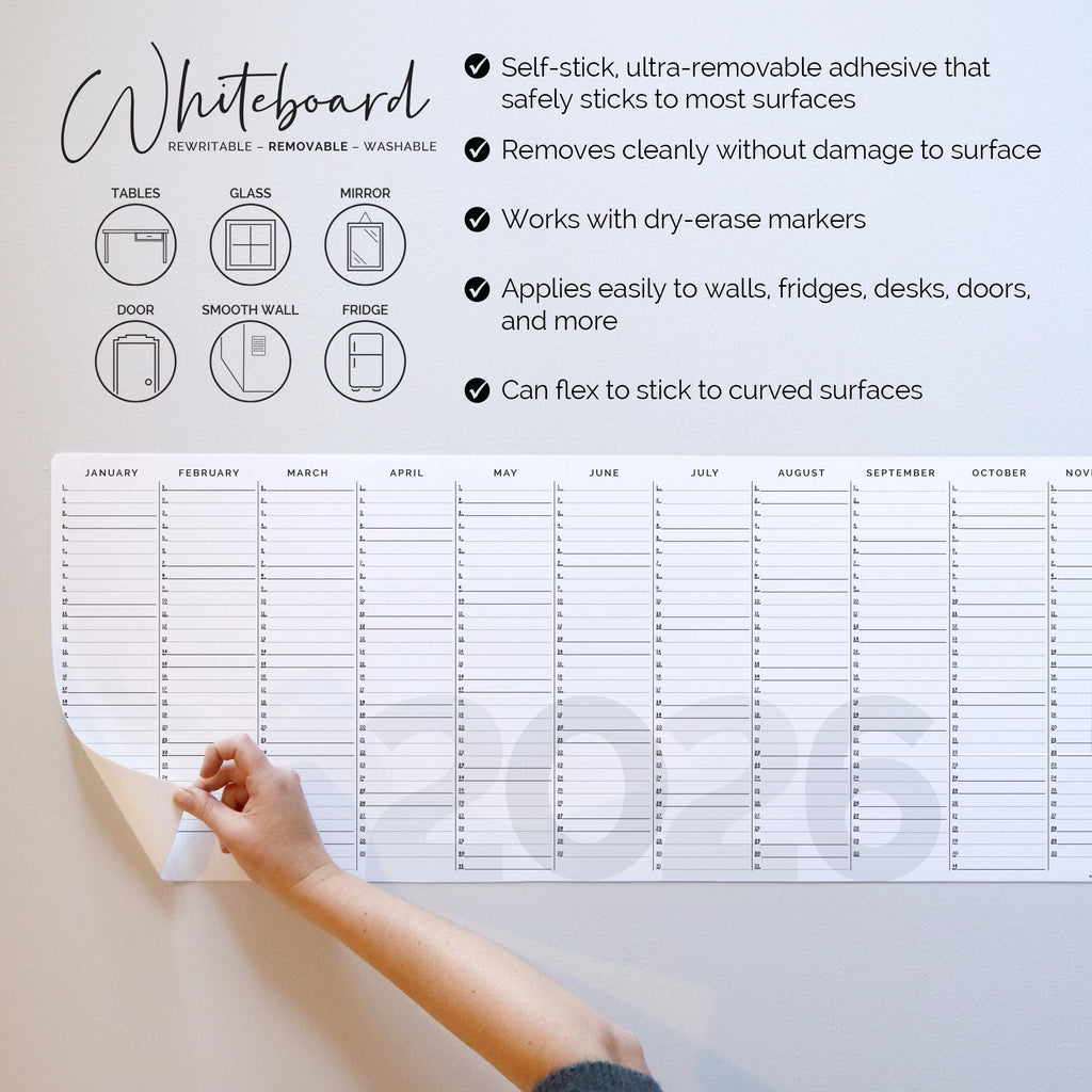 2026 Full-Length Removable Yearly Planner - Removable Whiteboard 2026 Calendar - Organiser and Year Calendar - Days & Dates of the Week