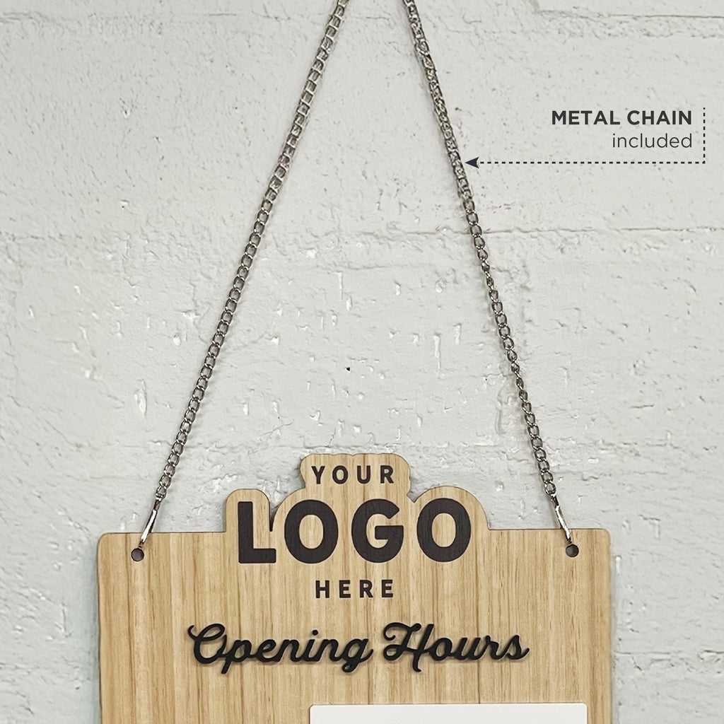 Custom Shop Opening Hours Logo Sign with Whiteboard Section - Wood & Acrylic Opening Hours Sign for Shopfront Business - Custom Logo