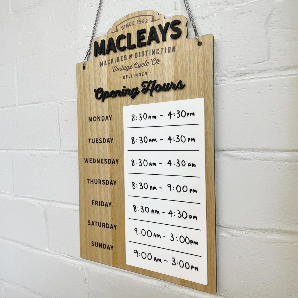 Custom Shop Opening Hours Logo Sign with Whiteboard Section - Wood & Acrylic Opening Hours Sign for Shopfront Business - Custom Logo