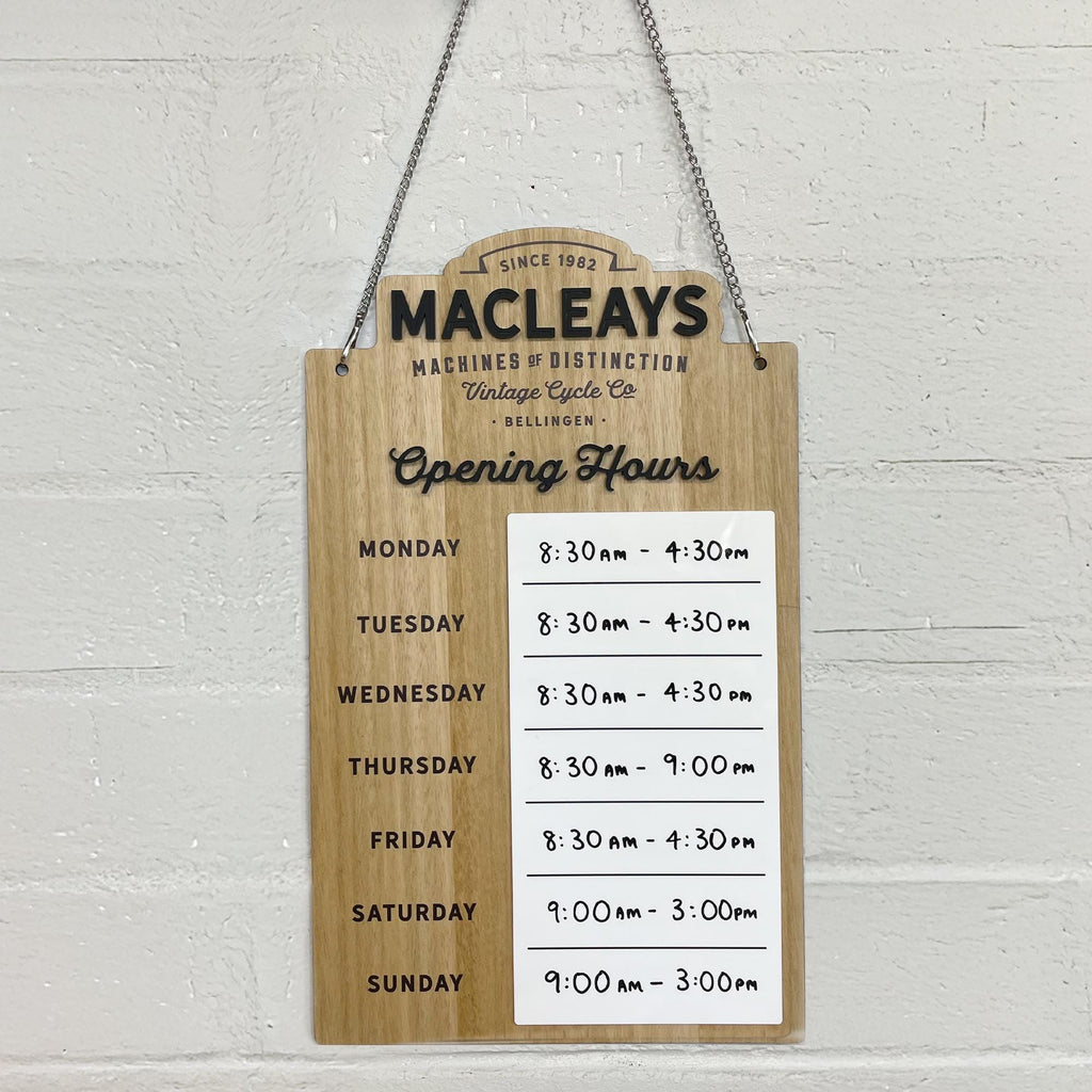 Custom Shop Opening Hours Logo Sign with Whiteboard Section - Wood & Acrylic Opening Hours Sign for Shopfront Business - Custom Logo