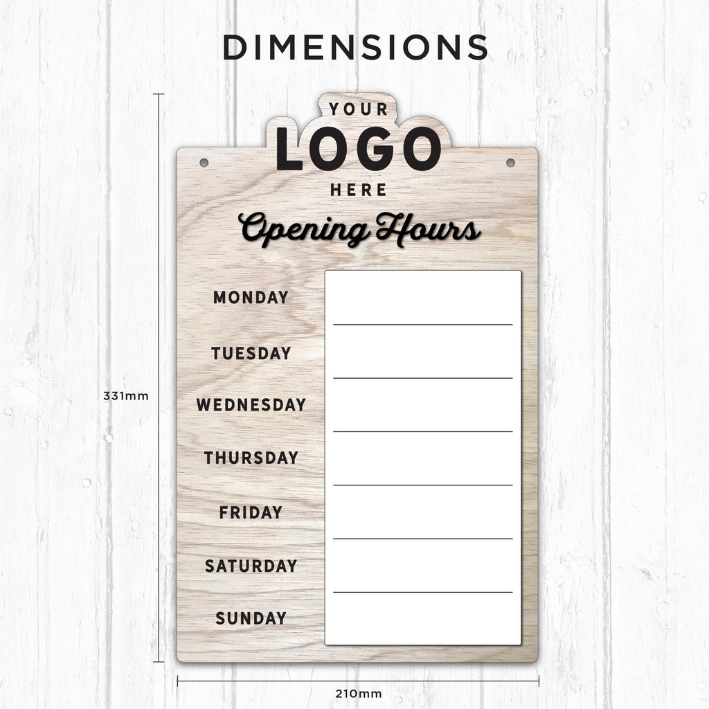 Custom Shop Opening Hours Logo Sign with Whiteboard Section - Wood & Acrylic Opening Hours Sign for Shopfront Business - Custom Logo