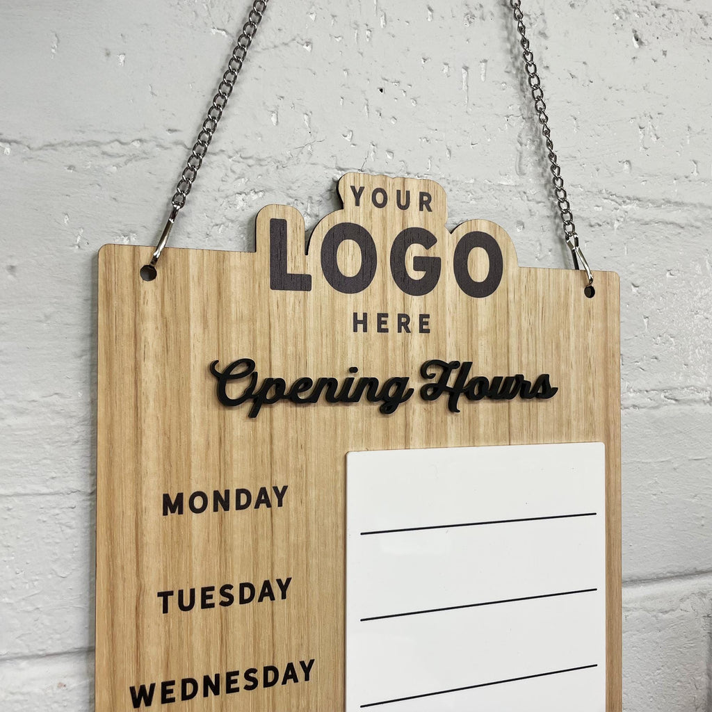 Custom Shop Opening Hours Logo Sign with Whiteboard Section - Wood & Acrylic Opening Hours Sign for Shopfront Business - Custom Logo