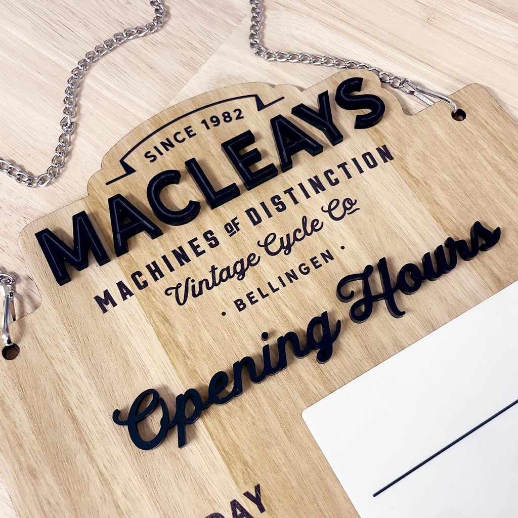 Custom Shop Opening Hours Logo Sign with Whiteboard Section - Wood & Acrylic Opening Hours Sign for Shopfront Business - Custom Logo