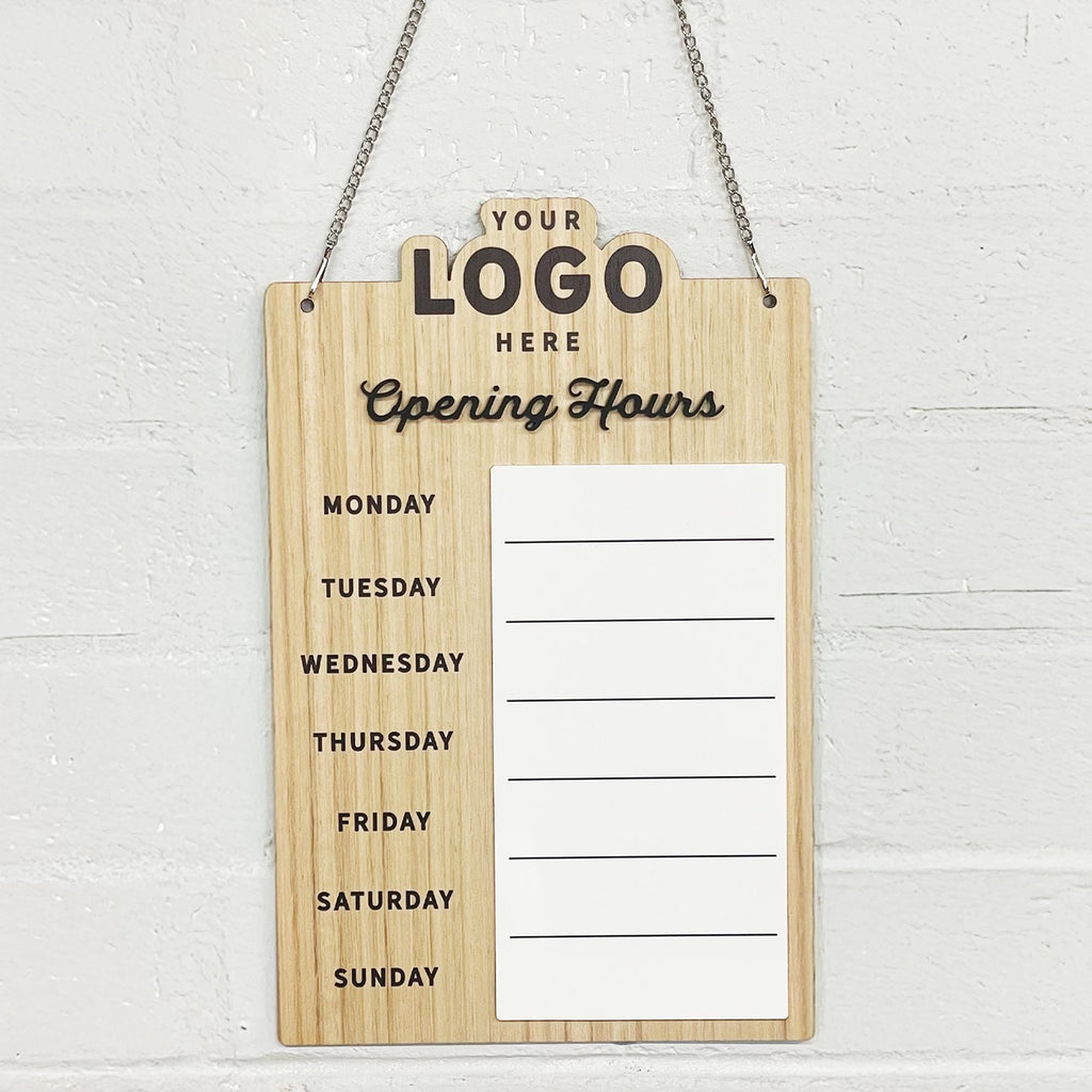 Custom Shop Opening Hours Logo Sign with Whiteboard Section - Wood & Acrylic Opening Hours Sign for Shopfront Business - Custom Logo