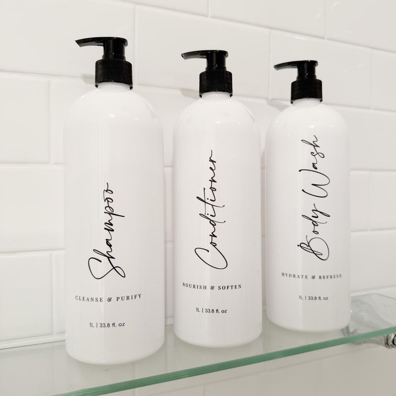 3 Piece 1 LITRE WHITE Bathroom Bottle Set DESIGN 3 - Shampoo, Conditioner & Body Wash - Custom 1L Pump Bottles - Personalised Pump Bottles