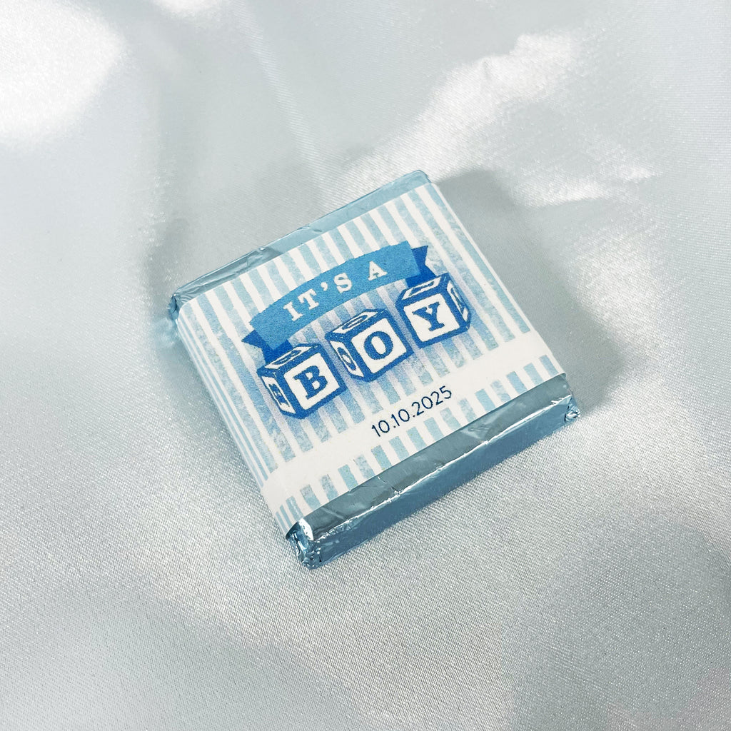 it's a boy - boy gender reveal chocolate squares - custom wrapped chocolate squares for gender reveal baby shower 