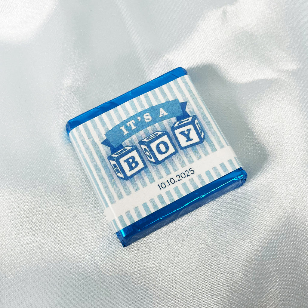 it's a boy - boy gender reveal chocolate squares - custom wrapped chocolate squares for gender reveal baby shower 