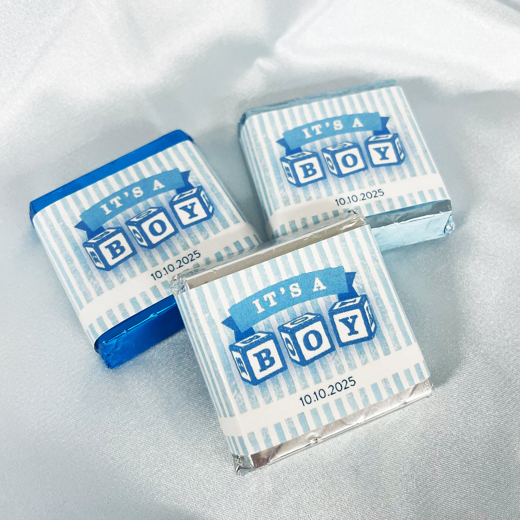 it's a boy - boy gender reveal chocolate squares - custom wrapped chocolate squares for gender reveal baby shower - variety of different colour metallic foil wrappers 