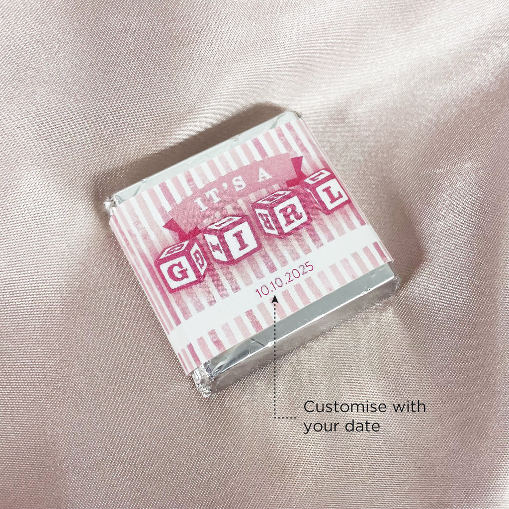 it's a girl - female gender reveal chocolate squares - custom wrapped chocolate squares for gender reveal baby shower - pink baby girl chocolates