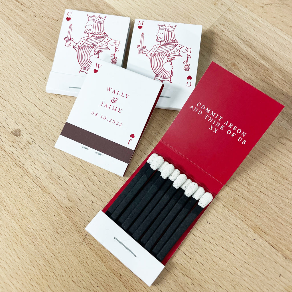 King and Queen of Hearts wedding matchbook customer examples.