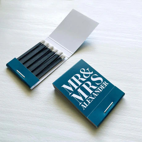 Custom wedding matchbooks with "Mr and Mrs" design.