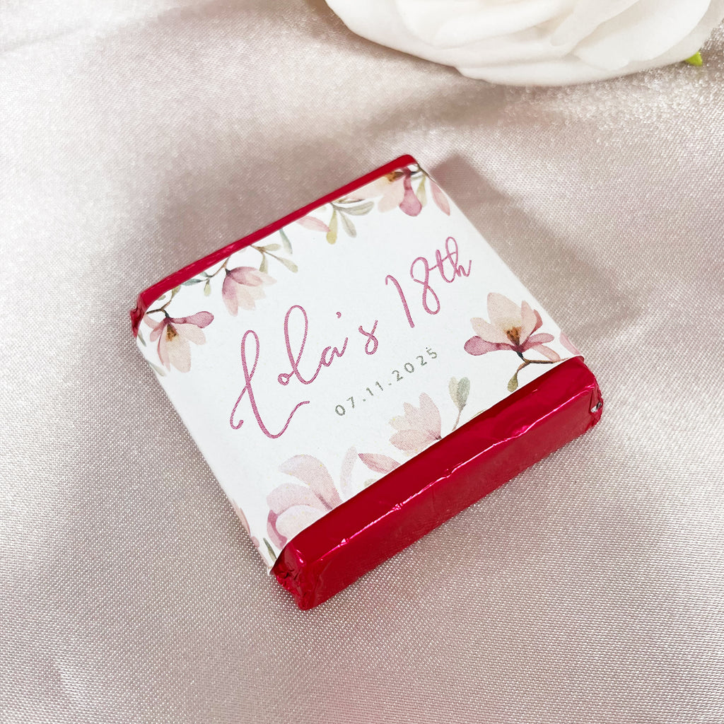 pink floral birthday chocolate squares with custom name and date. girl's birthday chocolate squares for gifts and lolly bags. 
