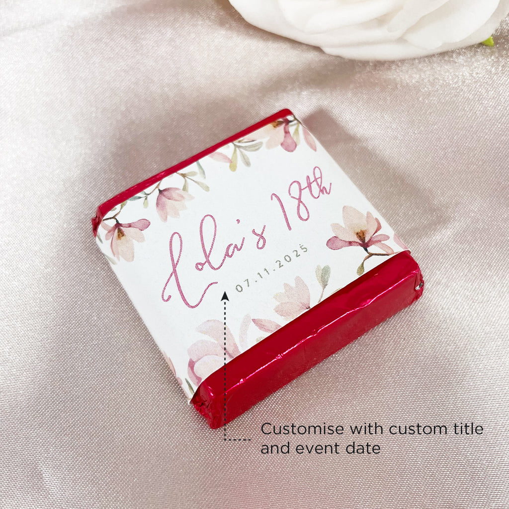 pink floral birthday chocolate squares with custom name and date. girl's birthday chocolate squares for gifts and lolly bags. 