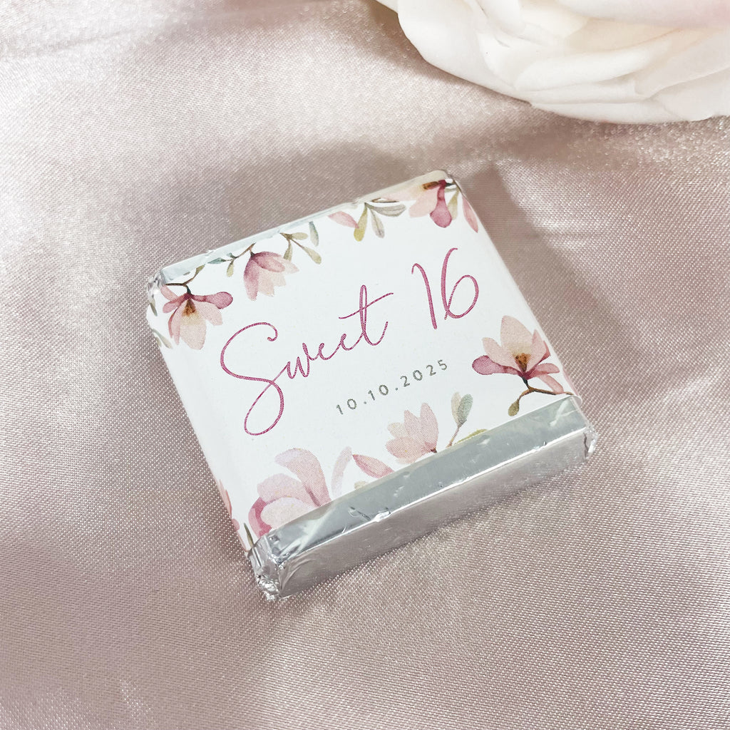 pink floral birthday chocolate squares with custom name and date. girl's birthday chocolate squares for gifts and lolly bags. 