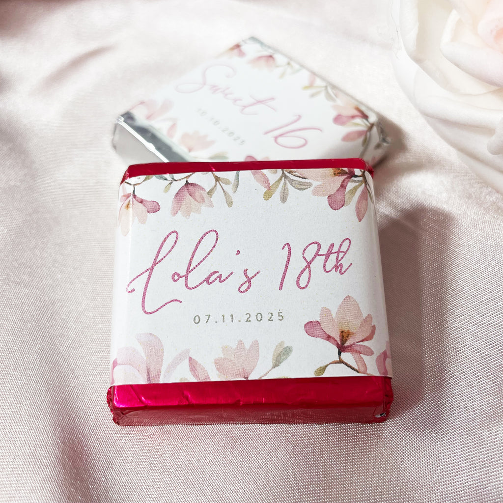 pink floral birthday chocolate squares with custom name and date. girl's birthday chocolate squares for gifts and lolly bags. 