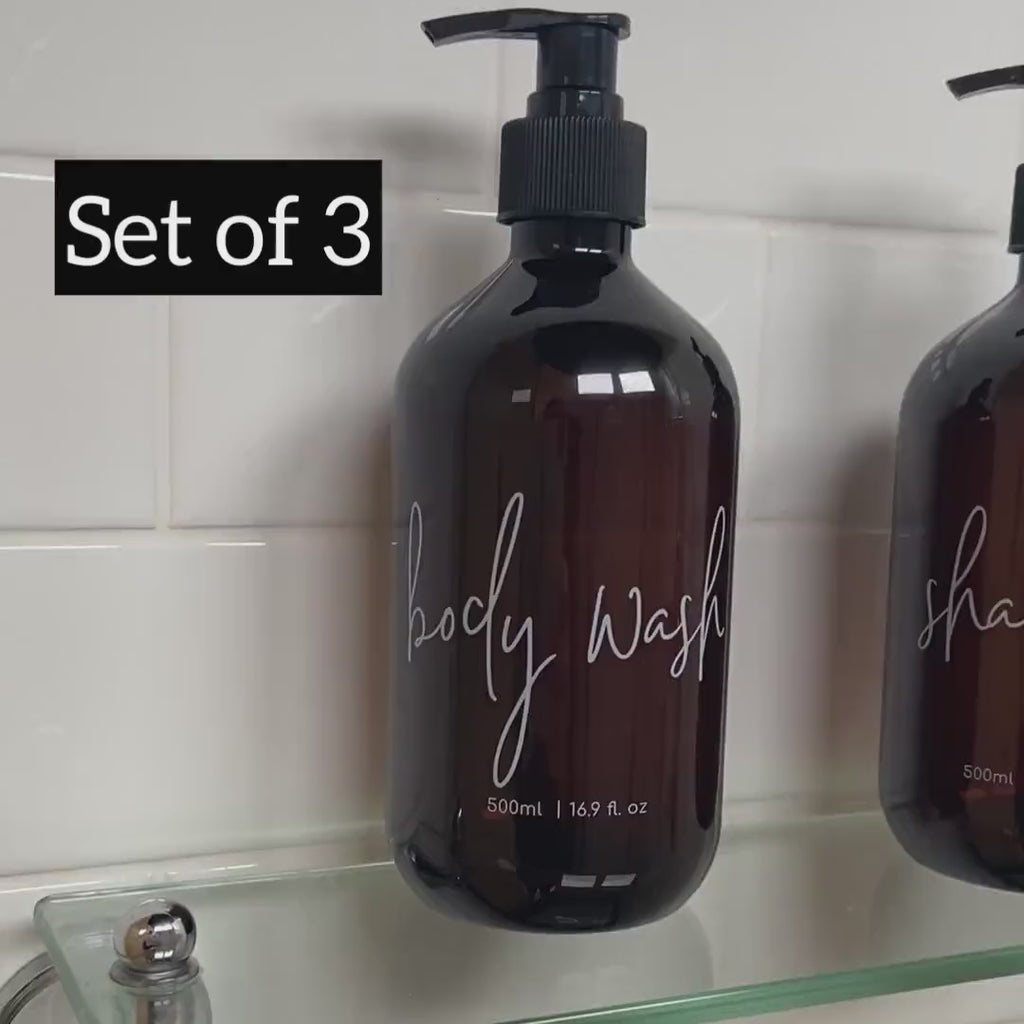 3 Piece AMBER Bathroom Bottle Set DESIGN 3  - Body Wash, Shampoo, Conditioner - 500ml dispensers