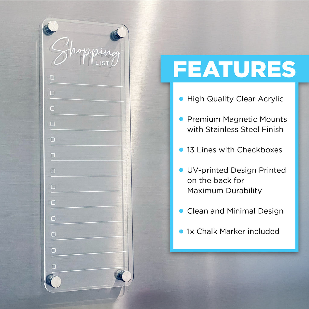 Clear acrylic shopping list board. Magnetic shopping list and to do list whiteboard for your fridge. UV printed design that's durable and long-lasting. Elegant and minimal design for all homes.
