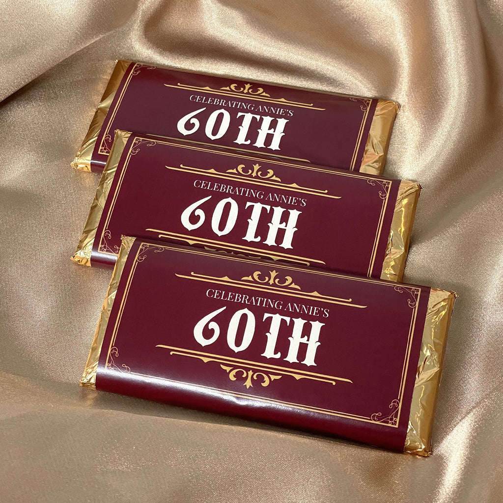 Gold and burgundy vintage style chocolate bars. Custom wrapped chocolate bars for birthday celebrations. Customise with your name and birthday date. 