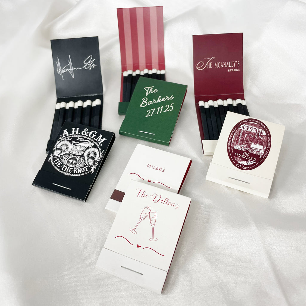 Various wedding matchbook customer examples. Fully customise and design your own matchbooks and let us handle the rest. Matchbook wedding favours to suit any wedding aesthetic.