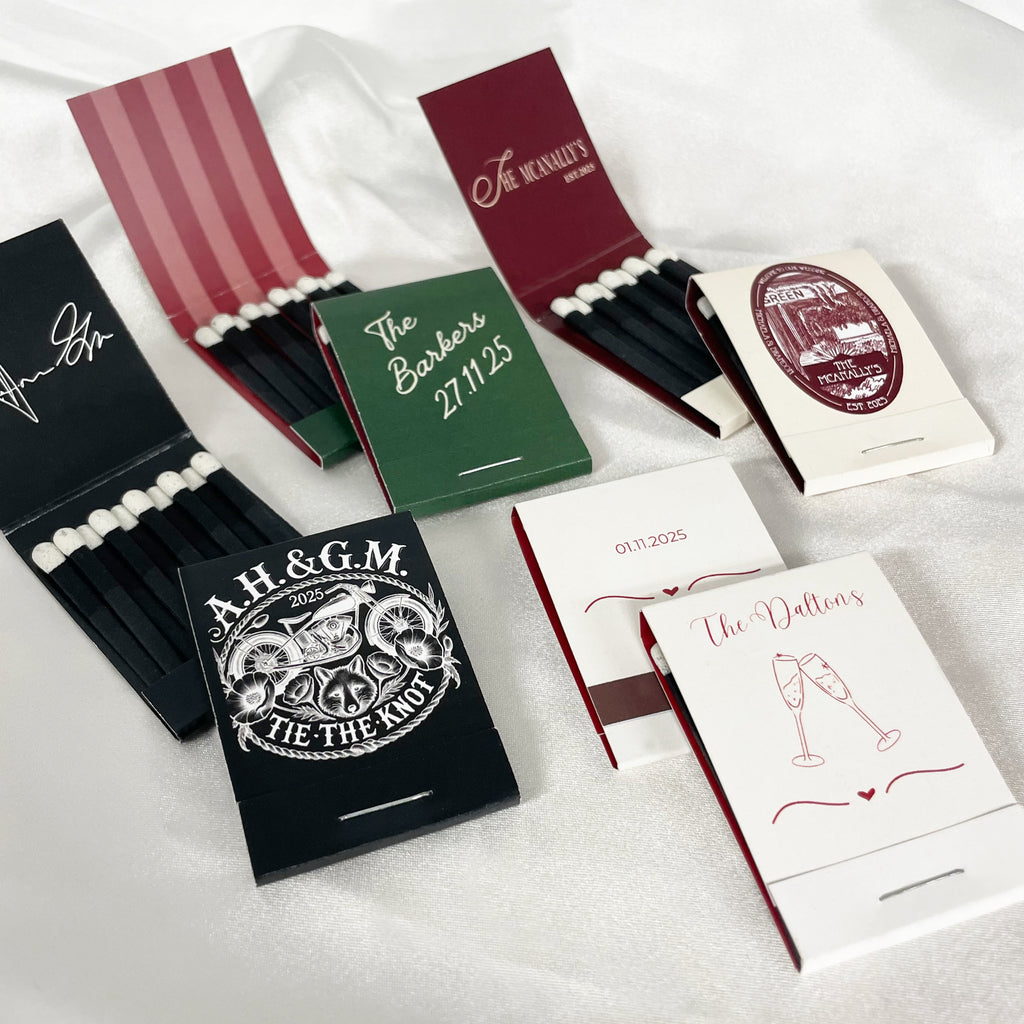 Various wedding matchbook customer examples. Fully customise and design your own matchbooks and let us handle the rest. Matchbook wedding favours to suit any wedding aesthetic.
