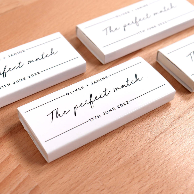 The Perfect Match - custom wedding matchboxes white minimalist style