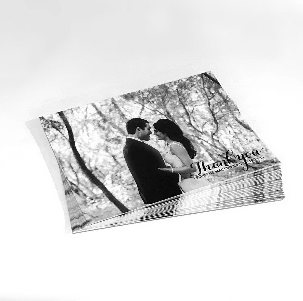 Printed Wedding Thank You postcard with your photo. Professionally printed thank you card with modern and classic fonts. Double sided card