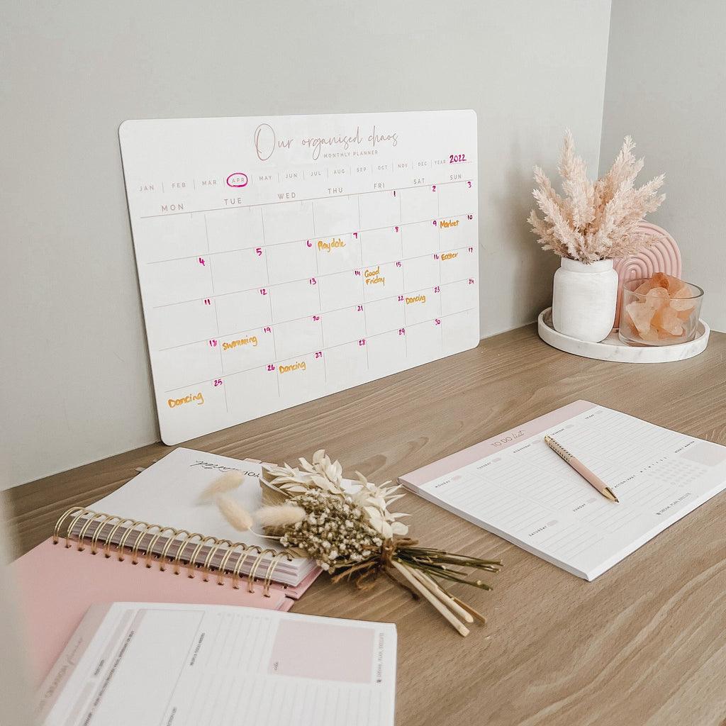 Custom monthly wall planner - acrylic whiteboard  calendar - family wall planner organiser - pink organiser